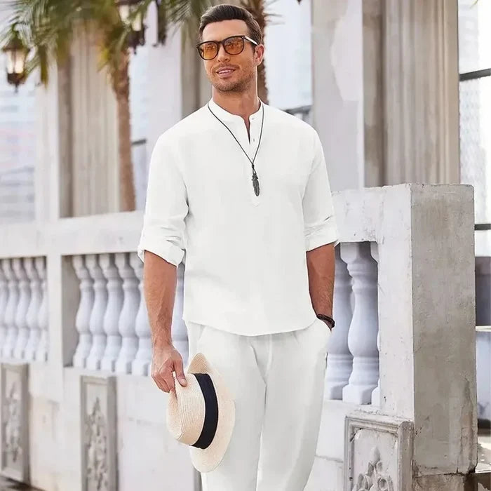 Men's Cotton Linen Shirt Two-Piece Set Casual Henley Long Sleeve Vacation Beach Wear