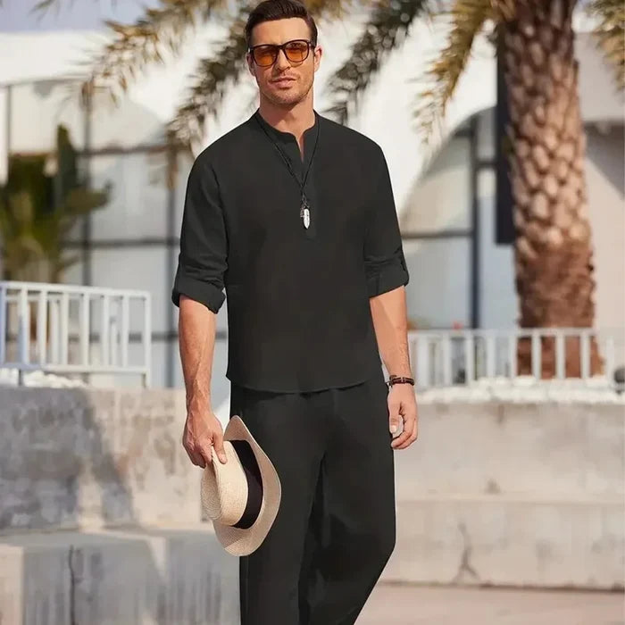 Men's Cotton Linen Shirt Two-Piece Set Casual Henley Long Sleeve Vacation Beach Wear