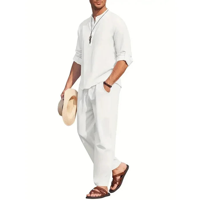Men's Cotton Linen Shirt Two-Piece Set Casual Henley Long Sleeve Vacation Beach Wear