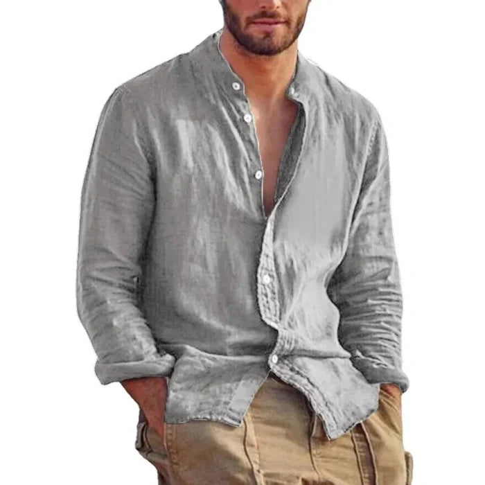 Men's Linen Shirt with Mandarin Collar, Lightweight Breathable Casual Summer Shirt in Tailored Fit-1