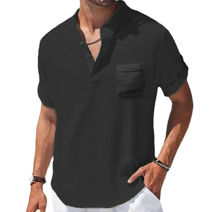 Men's Summer Shirt, Breathable Cotton and Linen Blend with Henry Collar, Lightweight and Casual Fit-4