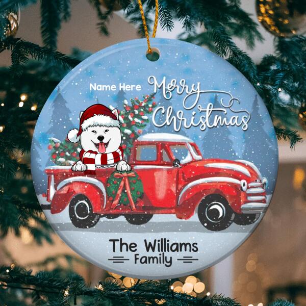 Merry Xmas From Family Red Truck Circle Ceramic Ornament - Personalized Dog Lovers Decorative Christmas Ornament