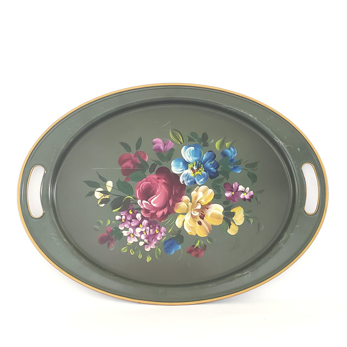 Mid Century Hand Painted Oval Serving Tray by Nashco Products Floral on Sage Green