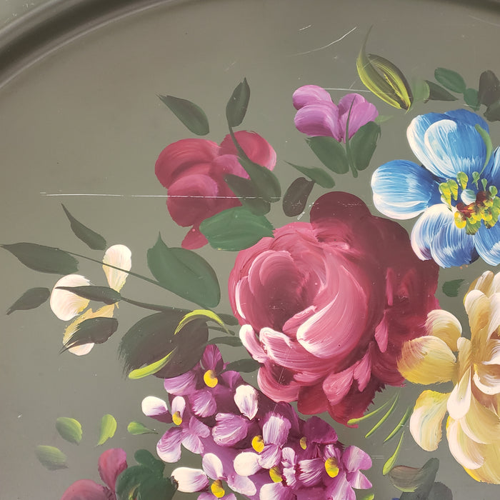 Mid Century Hand Painted Oval Serving Tray by Nashco Products Floral on Sage Green