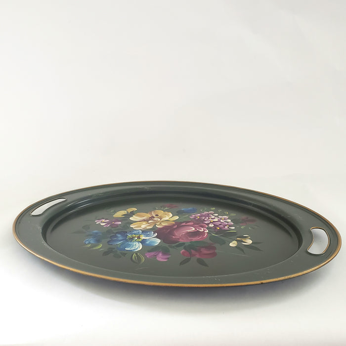Mid Century Hand Painted Oval Serving Tray by Nashco Products Floral on Sage Green