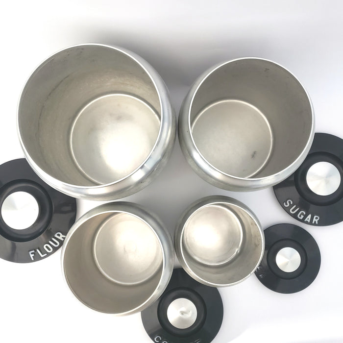 Mid-Century Retro Brushed Aluminum Kitchen Canisters, Kromex Set of 4 c. 1950s