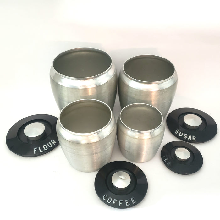 Mid-Century Retro Brushed Aluminum Kitchen Canisters, Kromex Set of 4 c. 1950s