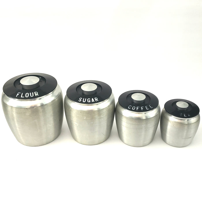 Mid-Century Retro Brushed Aluminum Kitchen Canisters, Kromex Set of 4 c. 1950s