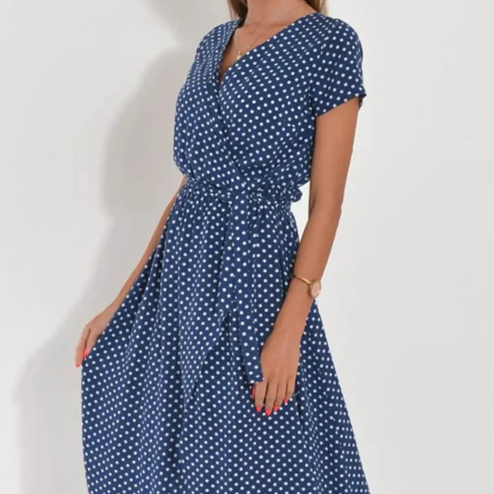 Midi Dress V-neck Short Sleeve Floral Print High Waist Summer Beach Dress Female