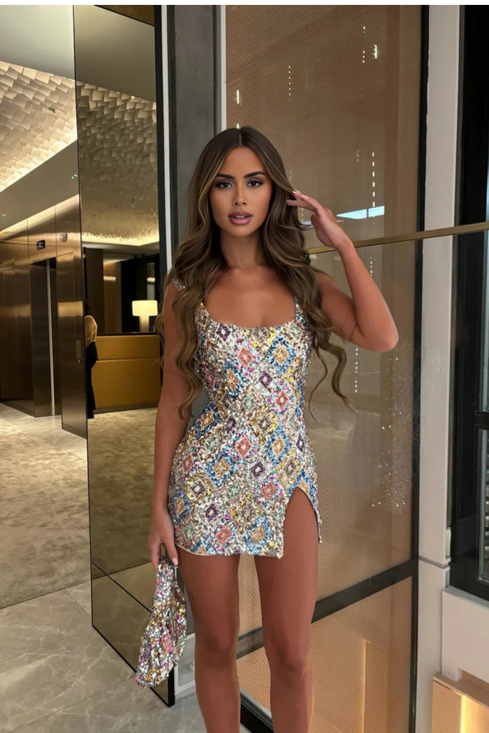 Multicolor Sequin Mini Dress with Bodycon Fit, Thigh-High Slit, Square Neckline, Sleeveless Design-3