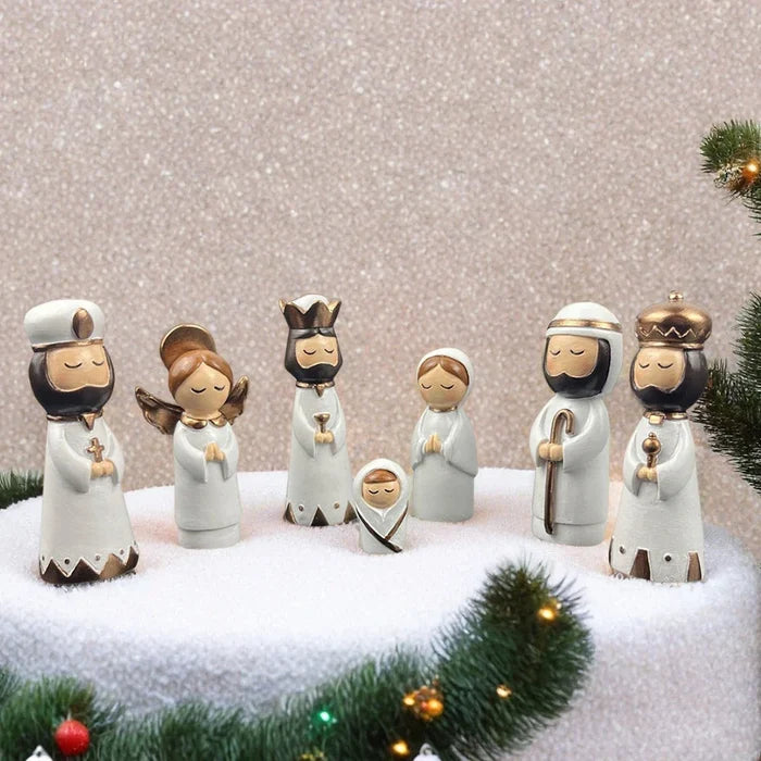 Nativity Set Resin 7 Piece White Gold Christmas Nativity Figurines For Tabletop Decor Holiday Gift Idea