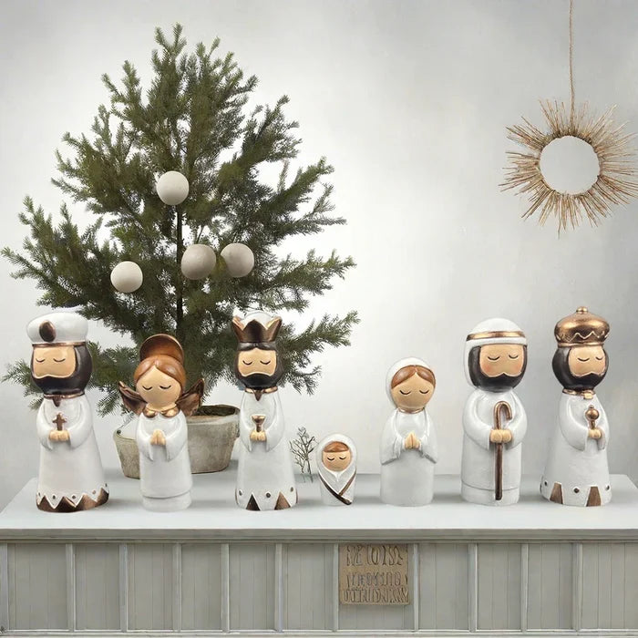 Nativity Set Resin 7 Piece White Gold Christmas Nativity Figurines For Tabletop Decor Holiday Gift Idea
