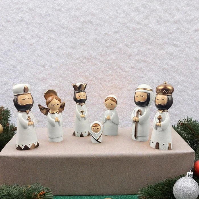 Nativity Set Resin 7 Piece White Gold Christmas Nativity Figurines For Tabletop Decor Holiday Gift Idea