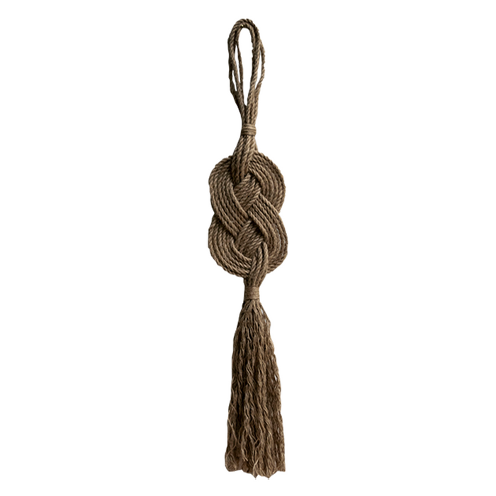 A handmade wall hanging decoration made with natural jute fiber rope, featuring a braided geometric pattern.