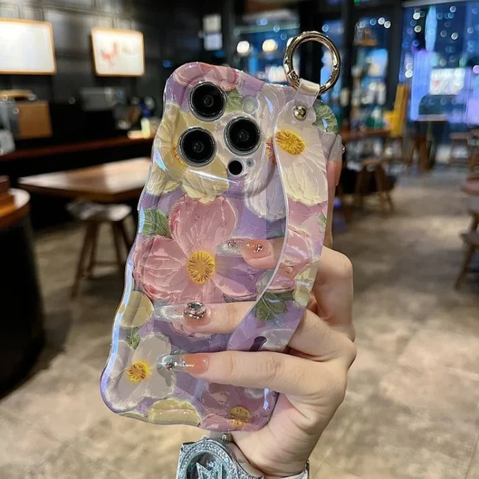 Oil Painting Flower Phone Case for iPhone 15 14 13 12 11 Pro Max with Wrist Band and Kickstand