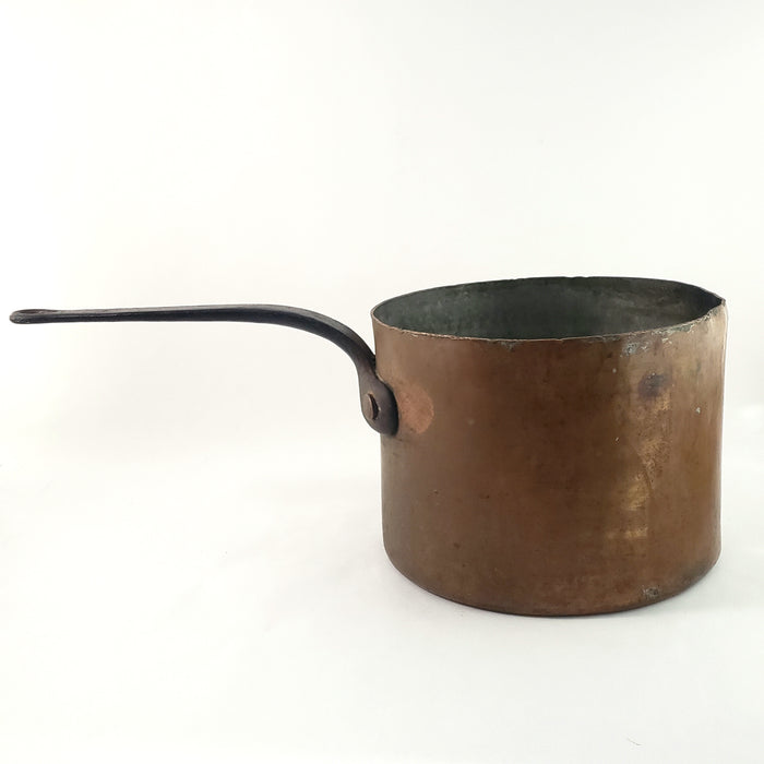 Old Copper Cook Sauce Pot Tin Lined Iron Handle Teardrop Hole Hearth Accent