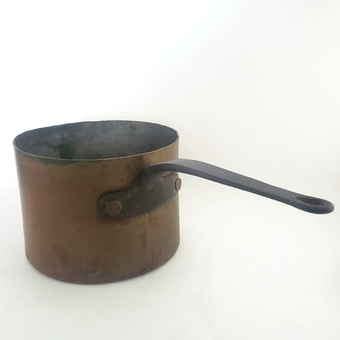 Old Copper Cook Sauce Pot Tin Lined Iron Handle Teardrop Hole Hearth Accent