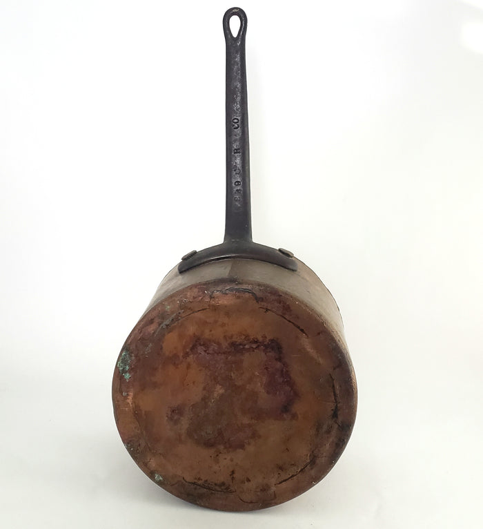 Old Copper Cook Sauce Pot Tin Lined Iron Handle Teardrop Hole Hearth Accent