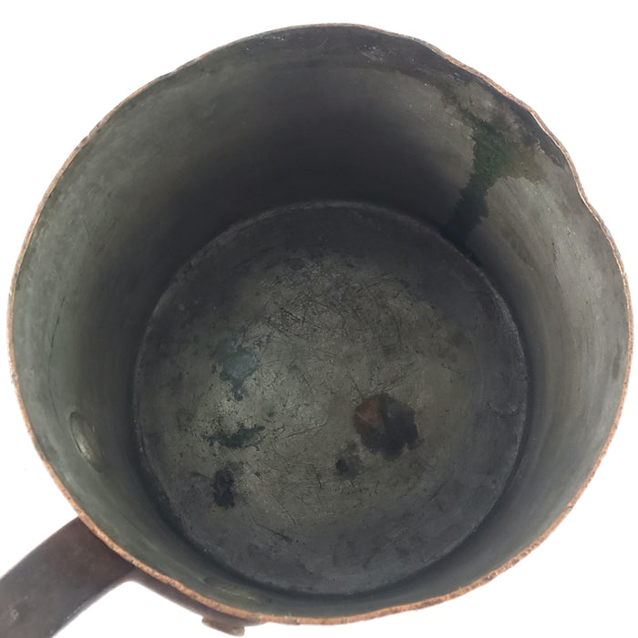 Old Copper Cook Sauce Pot Tin Lined Iron Handle Teardrop Hole Hearth Accent