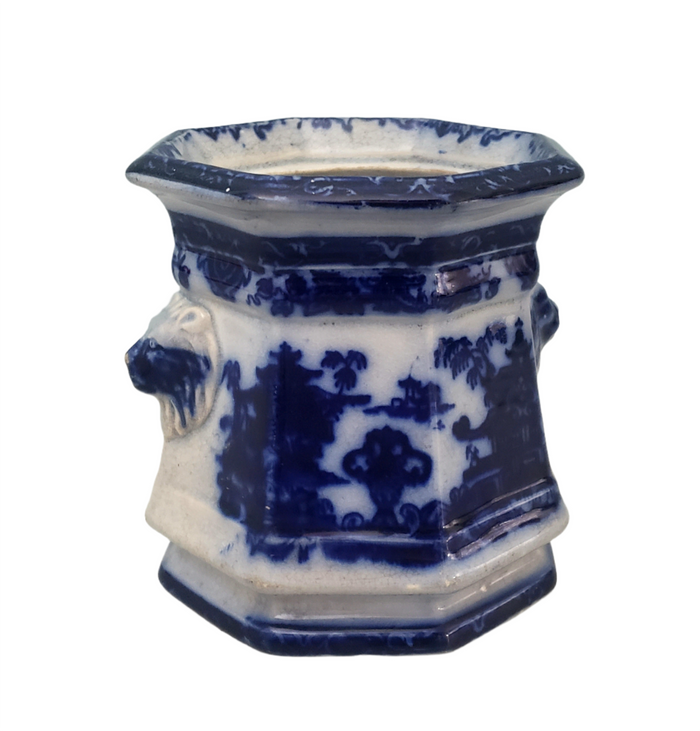 Old Flow Blue Sugar Bowl No Lid Temple with Lion Handles
