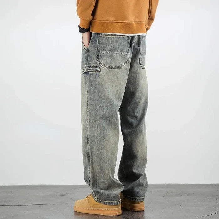 Oversized Men's Denim Jeans - Loose Straight Cut, Washed