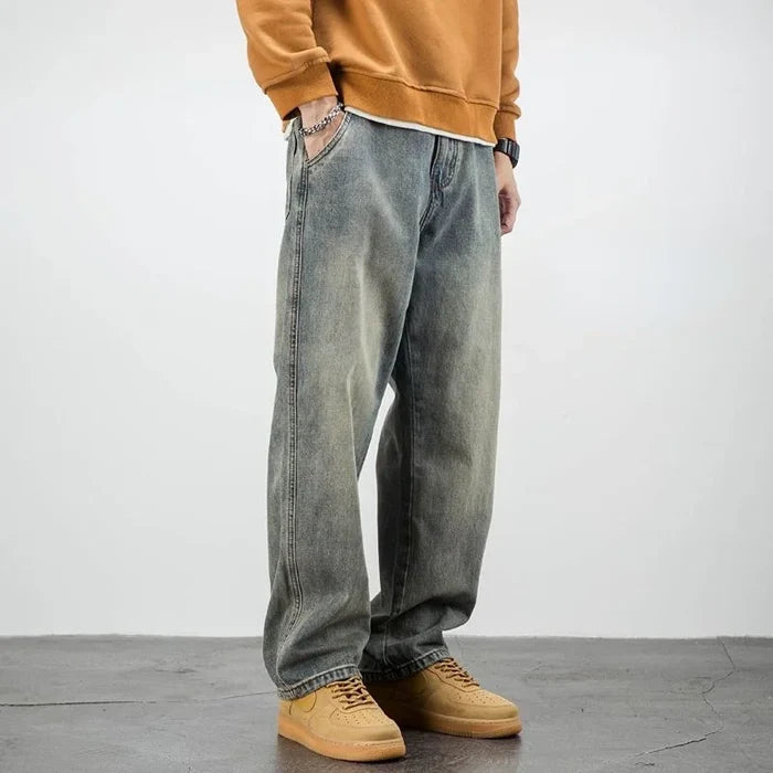 Oversized Men's Denim Jeans - Loose Straight Cut, Washed