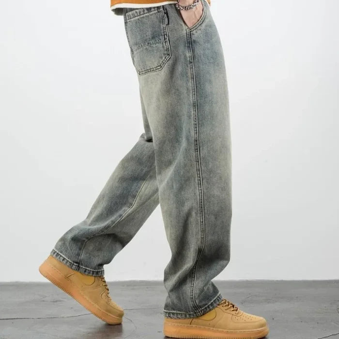 Oversized Men's Denim Jeans - Loose Straight Cut, Washed