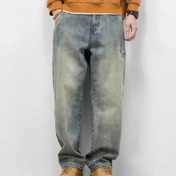 Oversized Men's Denim Jeans - Loose Straight Cut, Washed