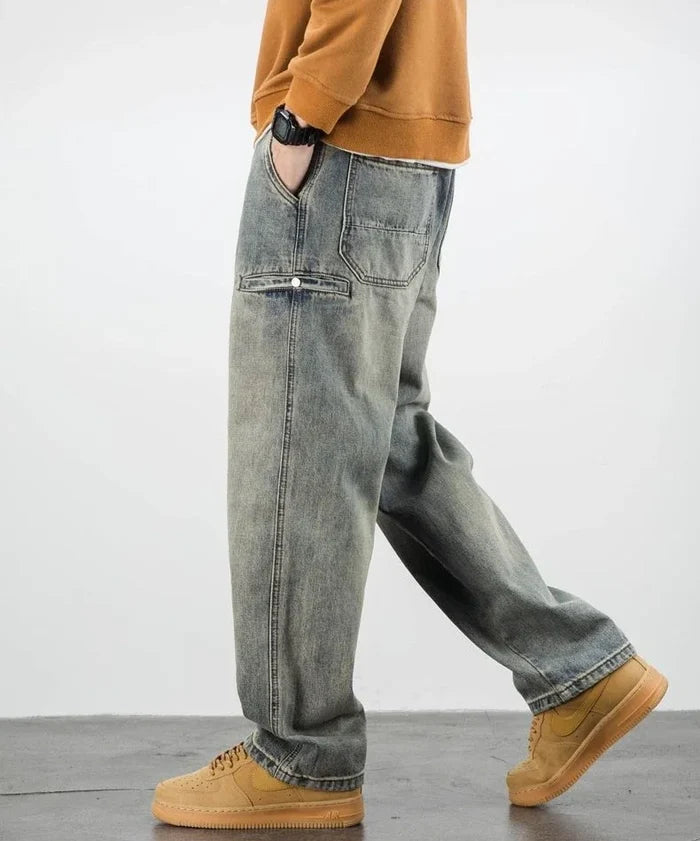 Oversized Men's Denim Jeans - Loose Straight Cut, Washed