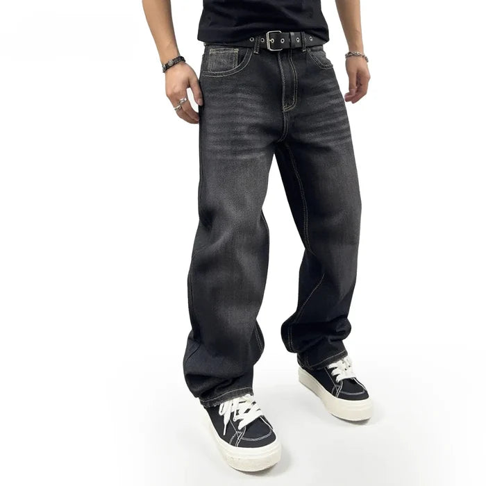 Oversized Men's Jeans - Straight Cut, Washed Denim, Autumn