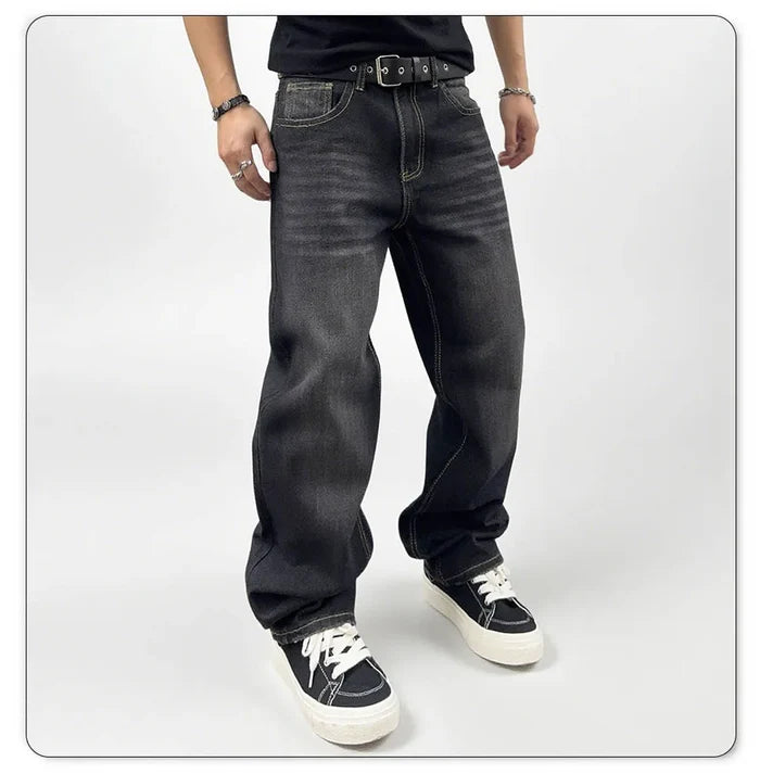 Oversized Men's Jeans - Straight Cut, Washed Denim, Autumn
