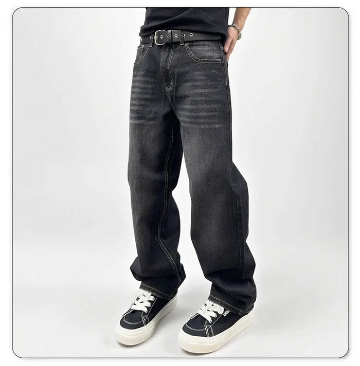 Oversized Men's Jeans - Straight Cut, Washed Denim, Autumn