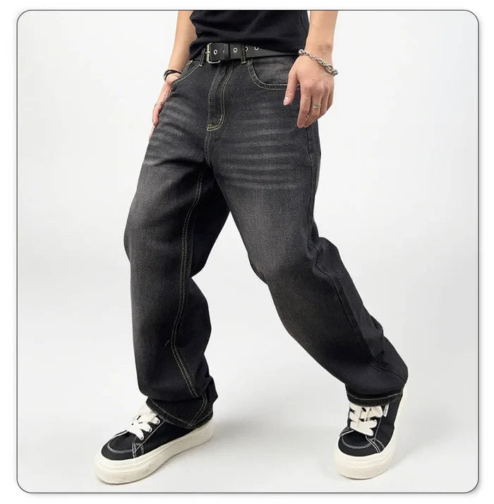 Oversized Men's Jeans - Straight Cut, Washed Denim, Autumn