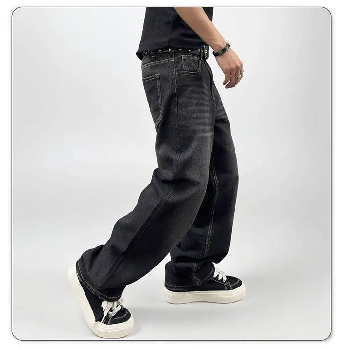 Oversized Men's Jeans - Straight Cut, Washed Denim, Autumn