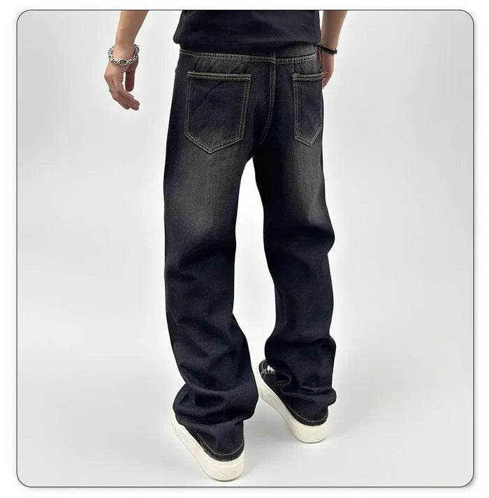 Oversized Men's Jeans - Straight Cut, Washed Denim, Autumn