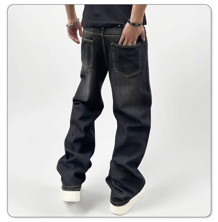 Oversized Men's Jeans - Straight Cut, Washed Denim, Autumn