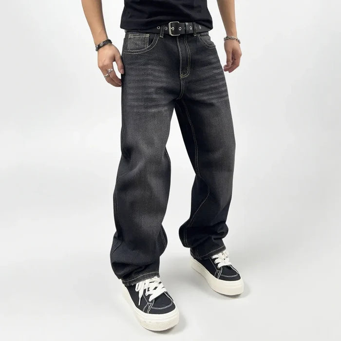 Oversized Men's Jeans - Straight Cut, Washed Denim, Autumn