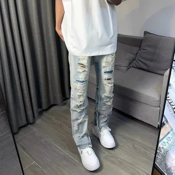 Oversized Relaxed Mens Jeans - Ripped Straight Leg Denim