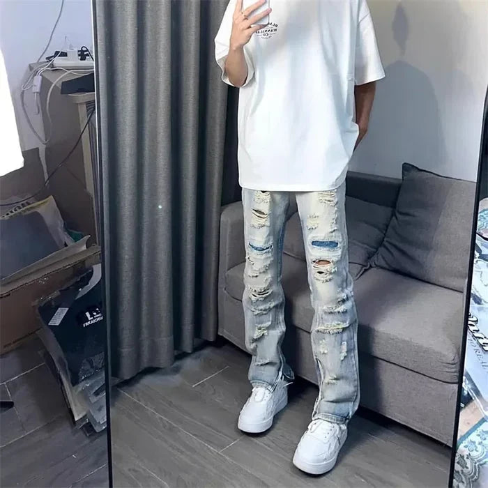 Oversized Relaxed Mens Jeans - Ripped Straight Leg Denim