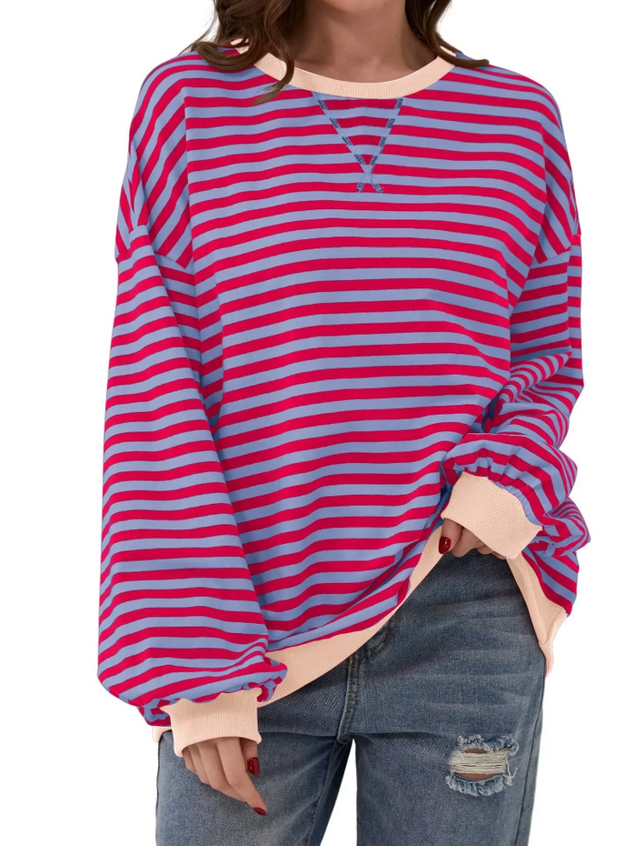 Oversized Women's Sweatshirt - Boxy Striped Cotton Casual