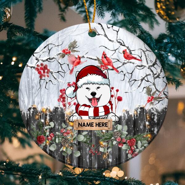 Personalised Winter Cardinals & Berries Circle Ceramic Ornament - Personalized Dog Lovers Decorative Christmas Ornament