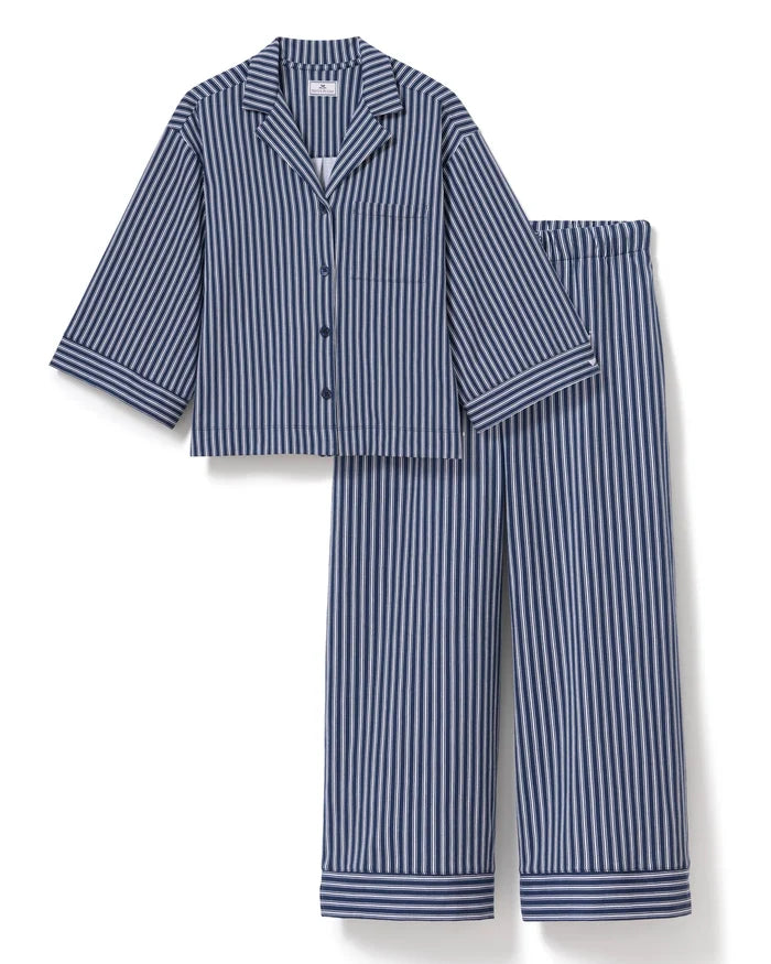 Petite Plume Olivia Wide Leg Pima Pajama Set - Admiral Navy Ticking