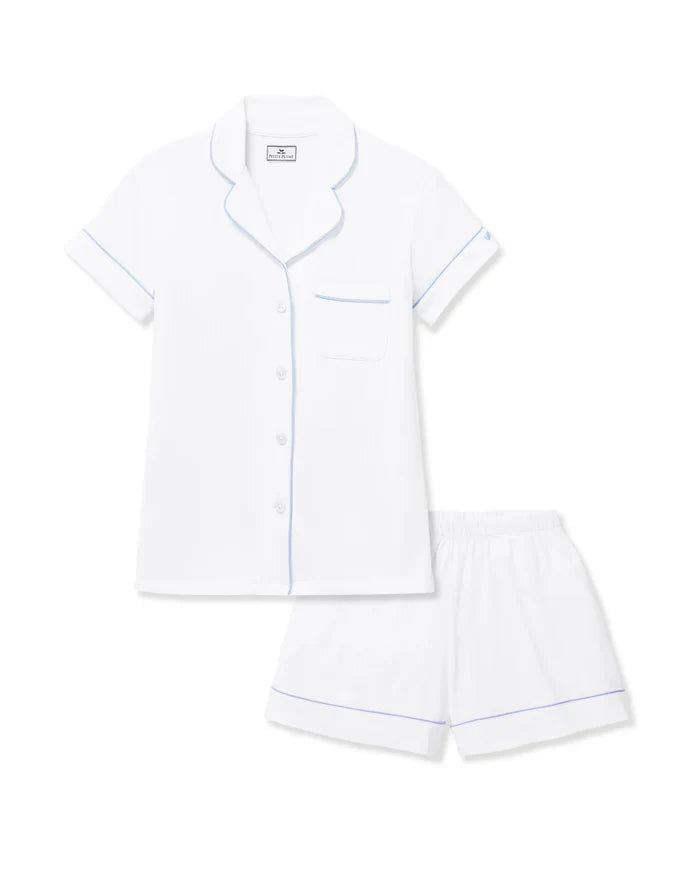 Petite Plume Women's Pima Short Sleeve Short Set in White with Periwinkle Piping