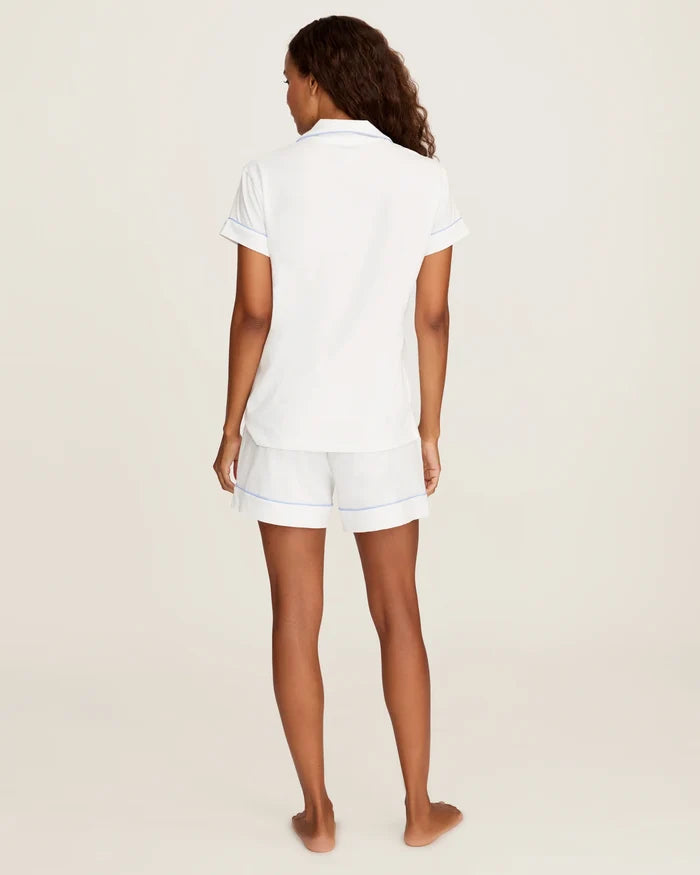 Petite Plume Women's Pima Short Sleeve Short Set in White with Periwinkle Piping