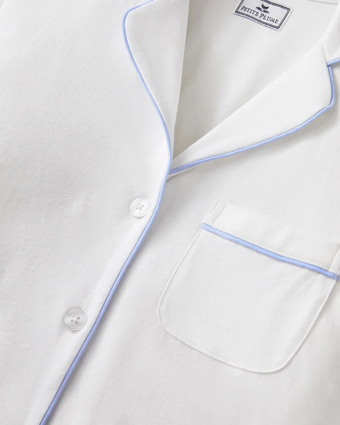 Petite Plume Women's Pima Short Sleeve Short Set in White with Periwinkle Piping
