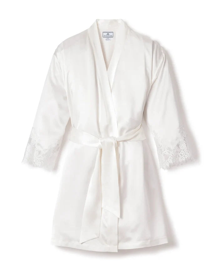 Petite Plume Women's Silk Lace Robe in White