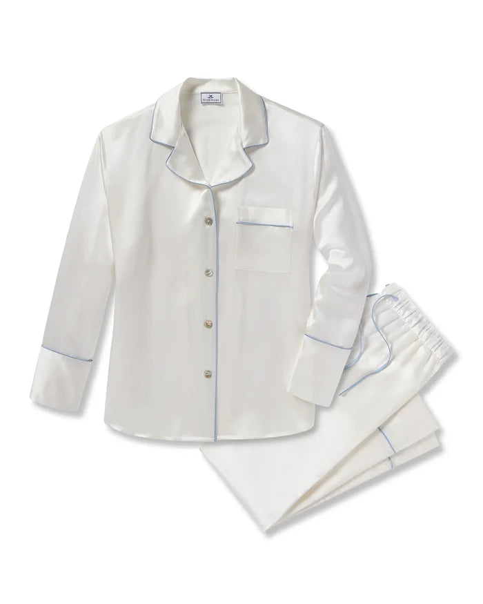 Petite Plume Women's Silk Pajama Set in White with Periwinkle Piping