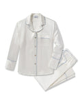 Petite Plume Women's Silk Pajama Set in White with Periwinkle Piping