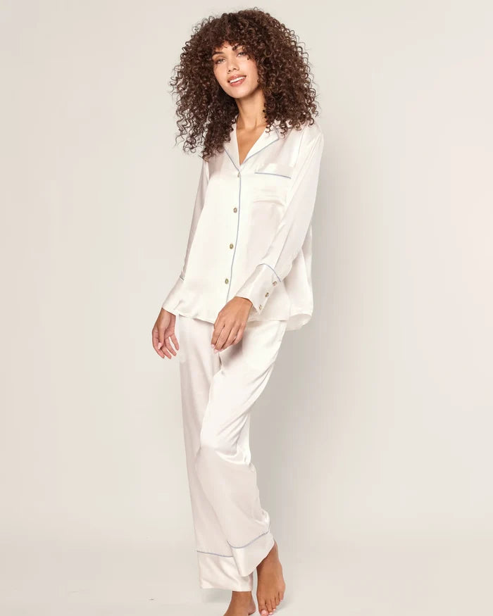 Petite Plume Women's Silk Pajama Set in White with Periwinkle Piping