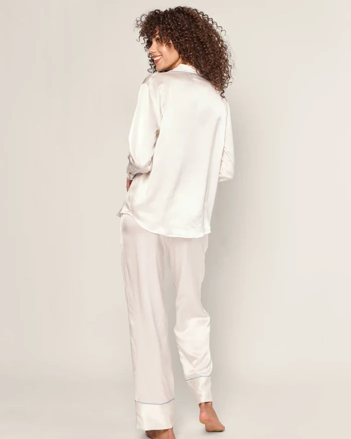 Petite Plume Women's Silk Pajama Set in White with Periwinkle Piping